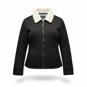 Mudd Cozy Quilted Puffer Jacket Faux Fur Collar‎ Black Full Zip Women L Winter